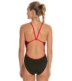Lifeguard Varsity Solid Female String Back One Piece Swimsuit -Swimline Store 5671686144168 blackred 3a