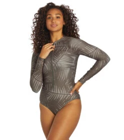 Sporti X Stef Corgel Manhattan Beach Palm Shadow Zip Front Long-Sleeve One Piece Swimsuit -Swimline Store 7360963903656 blacksand 4a