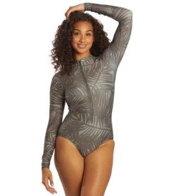 Sporti X Stef Corgel Manhattan Beach Palm Shadow Zip Front Long-Sleeve One Piece Swimsuit -Swimline Store 7360963903656 blacksand 5a